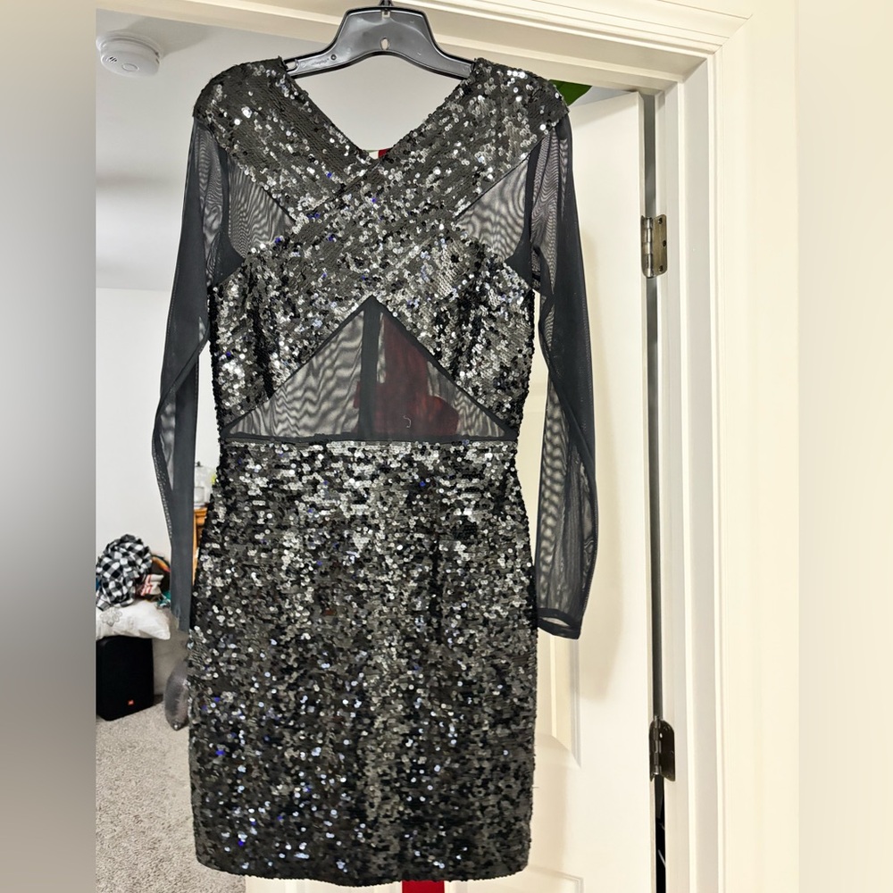 Niteline Della Roufogali Black Sequin and mesh Long Sleeve Dress